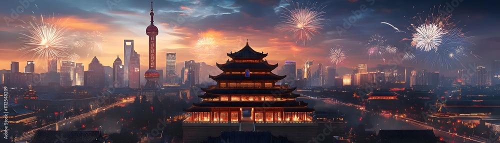 A stunning city skyline at dusk with colorful fireworks illuminating the sky over traditional architecture in the foreground, showcasing a blend of modernity and heritage. A stunning city skyline at dusk with colorful fireworks illuminating the sky over traditional architecture in the foreground, showcasing a blend of modernity and heritage.