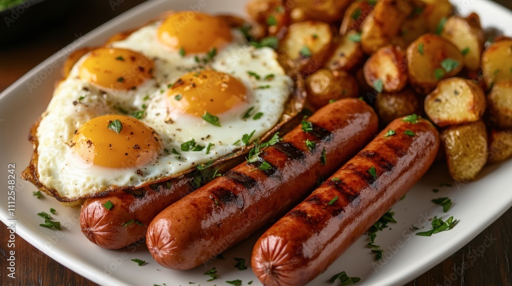 Savory Breakfast Plate with Fried Eggs, Grilled Sausages, and Potatoes Savory Breakfast Plate with Fried Eggs, Grilled Sausages, and Potatoes