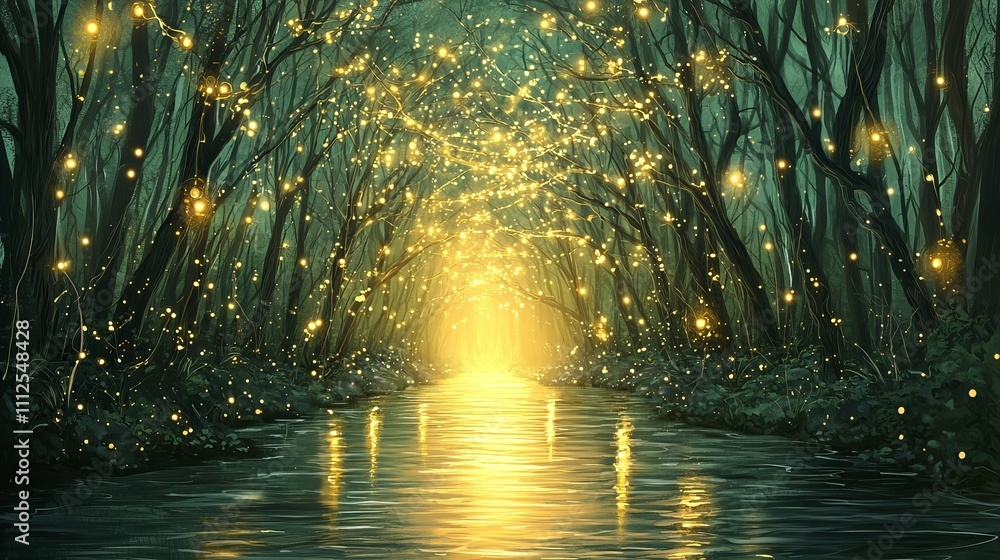 Fototapeta premium A serene forest glows with golden lights, illuminating the tranquil waterway.
