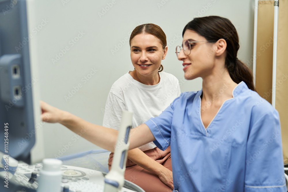 Fototapeta premium A skilled gynecologist performs a health checkup with a patient in a well-equipped clinic.