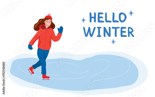 Winter vector with happy warmly dressed girl ice skating on frozen pond, Hello winter lettering