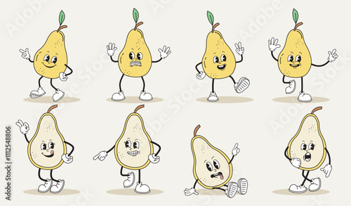 Pear retro characters set. Mascot and fictional character for kids. Pack for creating animations. Graphic element for website. Cartoon vector collection