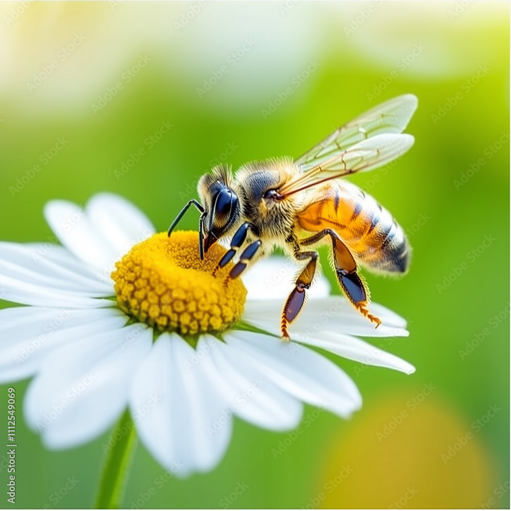 honeybee is flying and drinking nectar from yellow pollen of daisy honeybee is flying and drinking nectar from yellow pollen of daisy