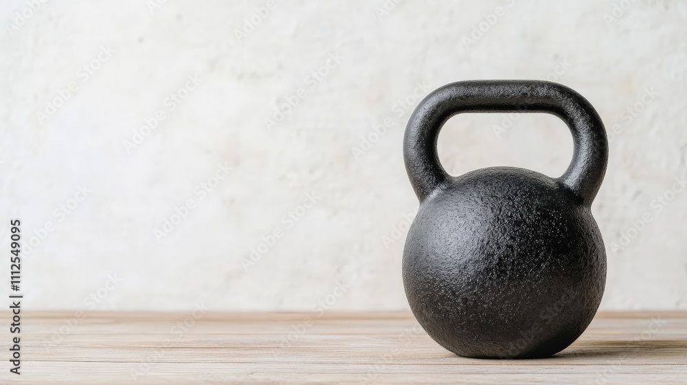 Fototapeta premium Heavy Kettlebell on Wood: A sturdy, cast-iron kettlebell sits in stark contrast against a textured backdrop, exuding an air of strength and fitness, ready to inspire an intense workout.