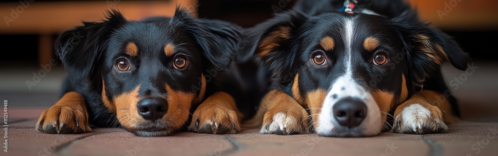 Two dogs lie side by side on the floor, focused and relaxed during a training session Two dogs lie side by side on the floor, focused and relaxed during a training session