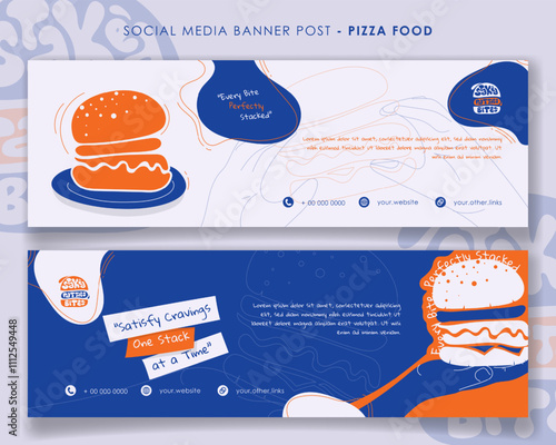 Landscape burger banner template design with flat burger in white and blue background