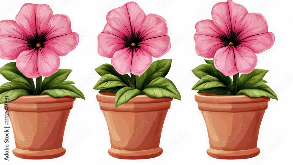 Vibrant pink flowers in terracotta pots enhance garden aesthetics in a cheerful setting Vibrant pink flowers in terracotta pots enhance garden aesthetics in a cheerful setting