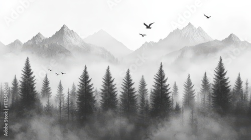 Black and white, a forest of tall trees with mountains in the background, birds flying over them, foggy, muted tones