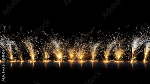 An array of sparklers igniting simultaneously, creating a shimmering wall of light with dynamic golden and white trails, set against a deep black backdrop. photo