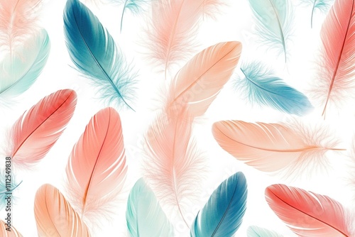 A collection of brightly colored feathers against a pure white backdrop