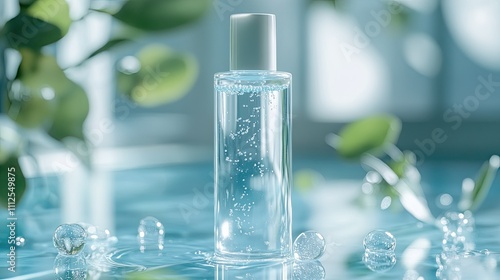 Clear Bottle of Water with Bubbles and Green Leaves in Soft Light