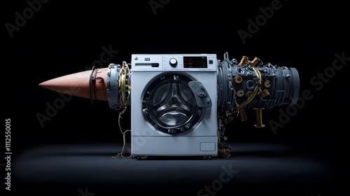 Silhouette of a rocket missile with an exposed washing machine drum, overlaid with an image of nuts and bolts, representing makeshift engineering.[Rocker Missile]:[Washing Machine] 