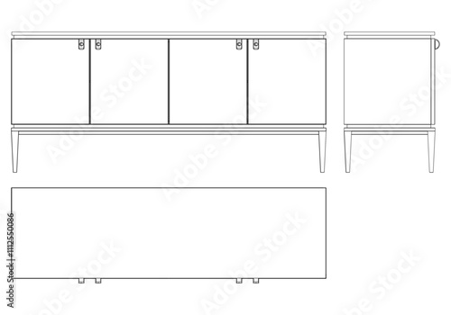 Sideboard Living Room Furniture isolated continuous line art flat vector illustration