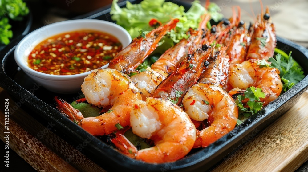 Grilled Shrimp with Spicy Sauce and Fresh Greens on Black Plate Grilled Shrimp with Spicy Sauce and Fresh Greens on Black Plate