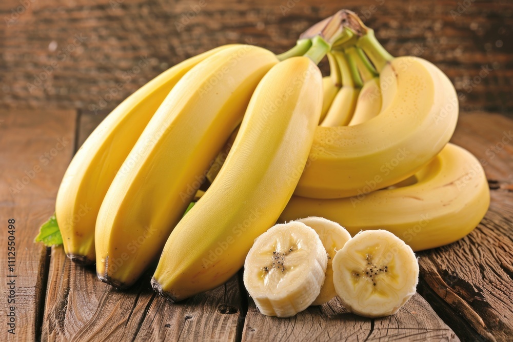 A bunch of bananas sit on top of a wooden table, perfect for still life photography or as a prop in a food-related scene A bunch of bananas sit on top of a wooden table, perfect for still life photography or as a prop in a food-related scene