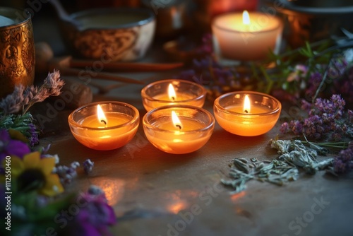 Array of soft glowing candles amidst dried florals photo