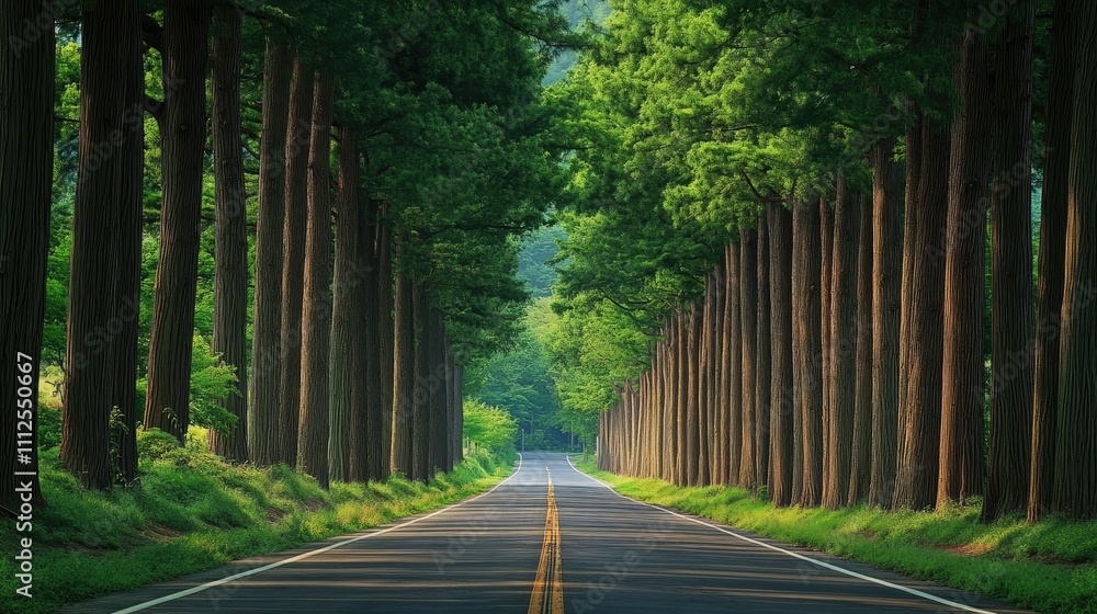 Obraz premium Serene Tree-Lined Roadway with Lush Greenery and Sunlight Filtering