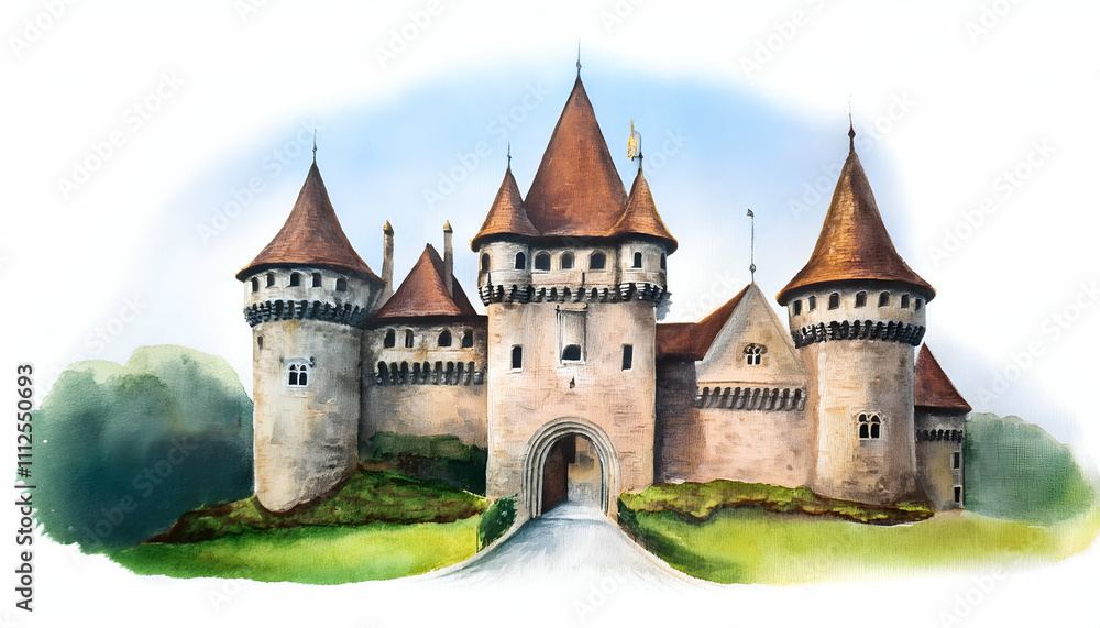 castle isolated white background, watercolor illustration, hand drawing castle isolated white background, watercolor illustration, hand drawing