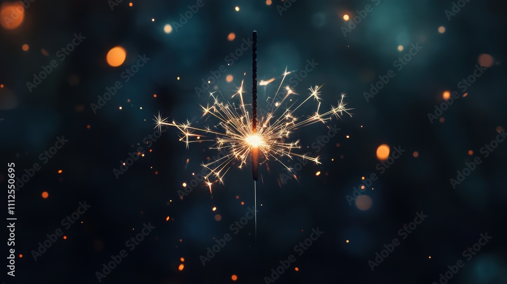 Fototapeta premium A single sparkler in focus with a mesmerizing explosion of sparkling lights, sharp trails and bursts surrounding the core on a dark background.