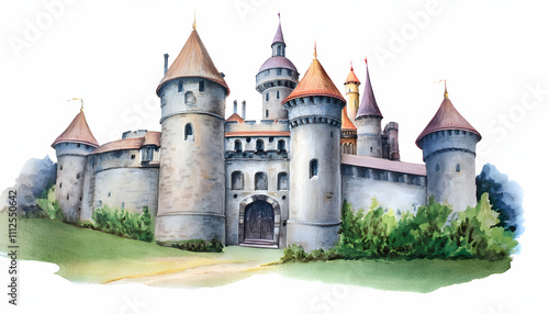 castle isolated white background, watercolor illustration, hand drawing