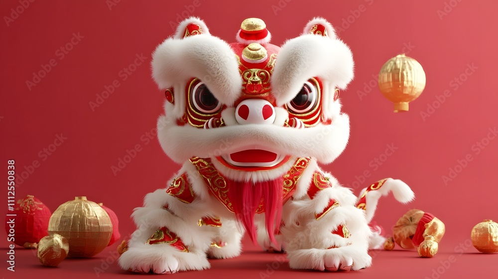 A vibrant Chinese lion dance figure against a bold red backdrop, showcasing intricate details and festive decorations, symbolizing prosperity and good luck in celebrations. A vibrant Chinese lion dance figure against a bold red backdrop, showcasing intricate details and festive decorations, symbolizing prosperity and good luck in celebrations.