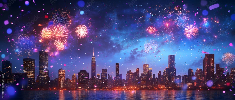 Fototapeta premium A vibrant city skyline illuminated by colorful fireworks against a night sky, creating a festive atmosphere. This stunning view captures the essence of celebration and urban life.