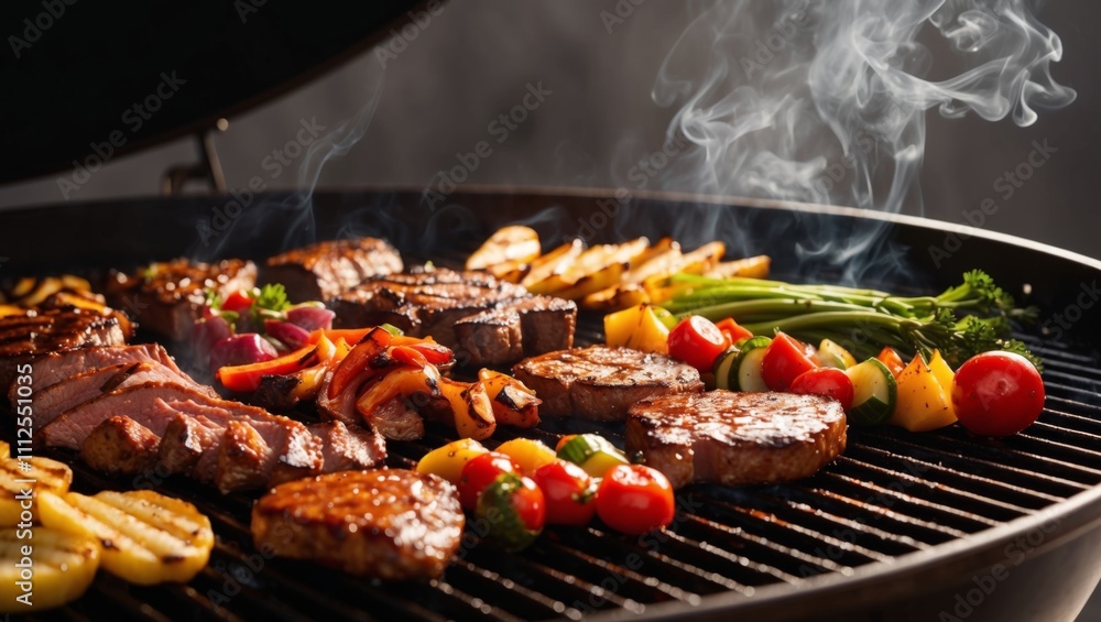 Grilling vegetables and meats on a barbecue in a backyard setting Grilling vegetables and meats on a barbecue in a backyard setting