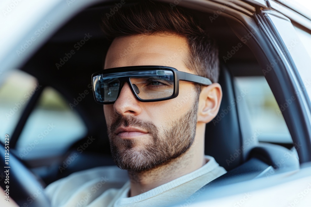 A man sitting in a car wearing glasses, a common scene from daily life A man sitting in a car wearing glasses, a common scene from daily life