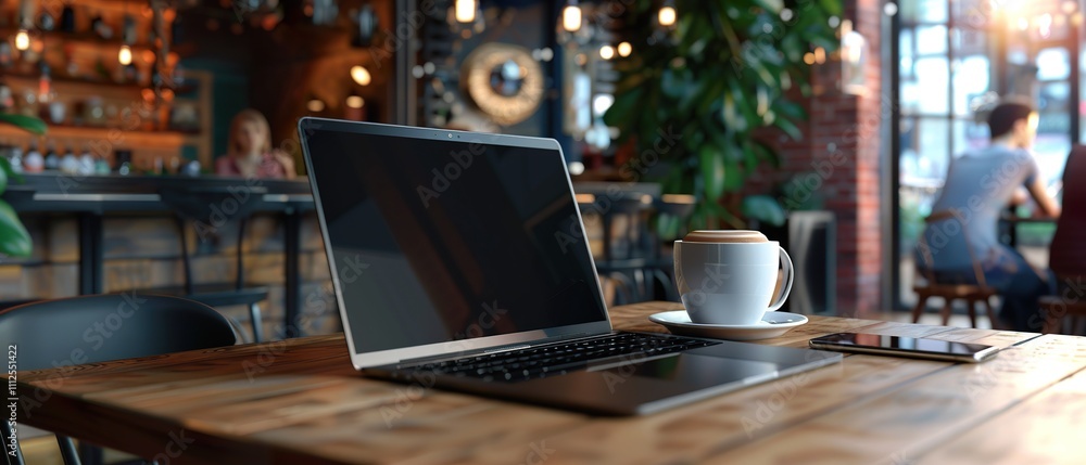 Laptop with Blank Screen in Coffee Shop Setting: Perfect for Mockups and Presentations Laptop with Blank Screen in Coffee Shop Setting: Perfect for Mockups and Presentations