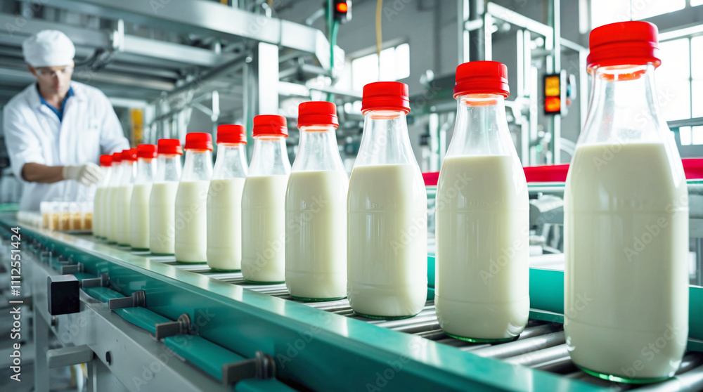 Milk Bottles with Red Caps on Conveyor Belt in Dairy Factory Milk Bottles with Red Caps on Conveyor Belt in Dairy Factory