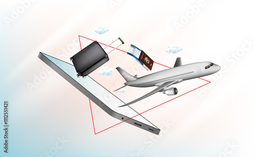 Advertising images supporting tourism, booking tickets online via mobile phones application or website. Luggage , Airplane , Passport ,Ticket. Sky background for vector illustration