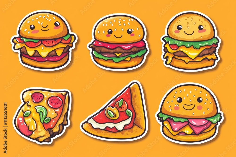 A set of colorful cartoon hamburgers with unique toppings A set of colorful cartoon hamburgers with unique toppings