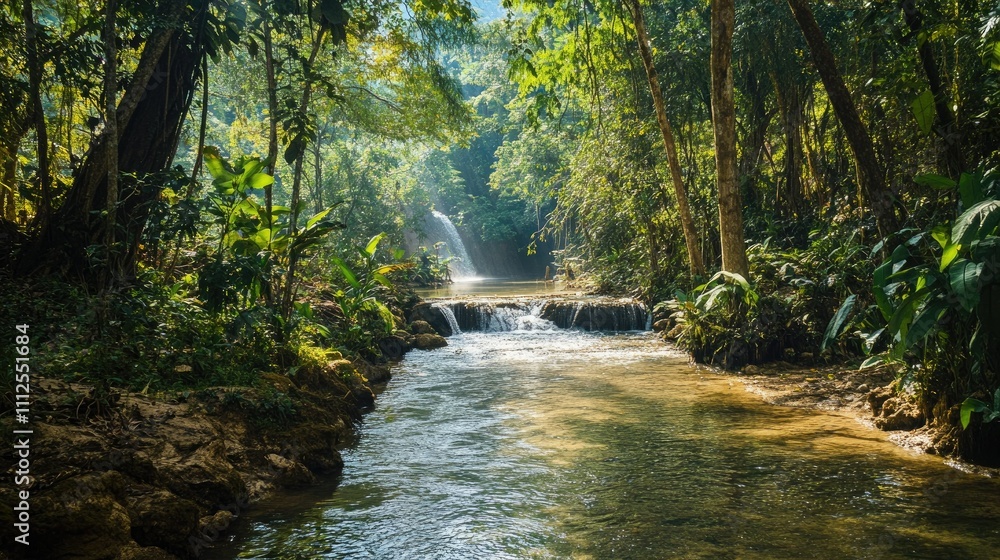 Fototapeta premium Serene Forest Landscape with Tranquil River and Gentle Waterfall