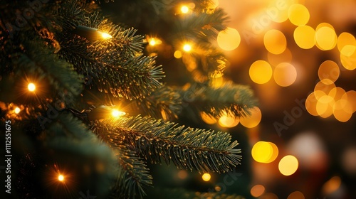 Wallpaper Mural Warm, blurred lights in shades of gold and amber shining softly through dark green tree branches, evoking the coziness of a Christmas evening indoors. Torontodigital.ca