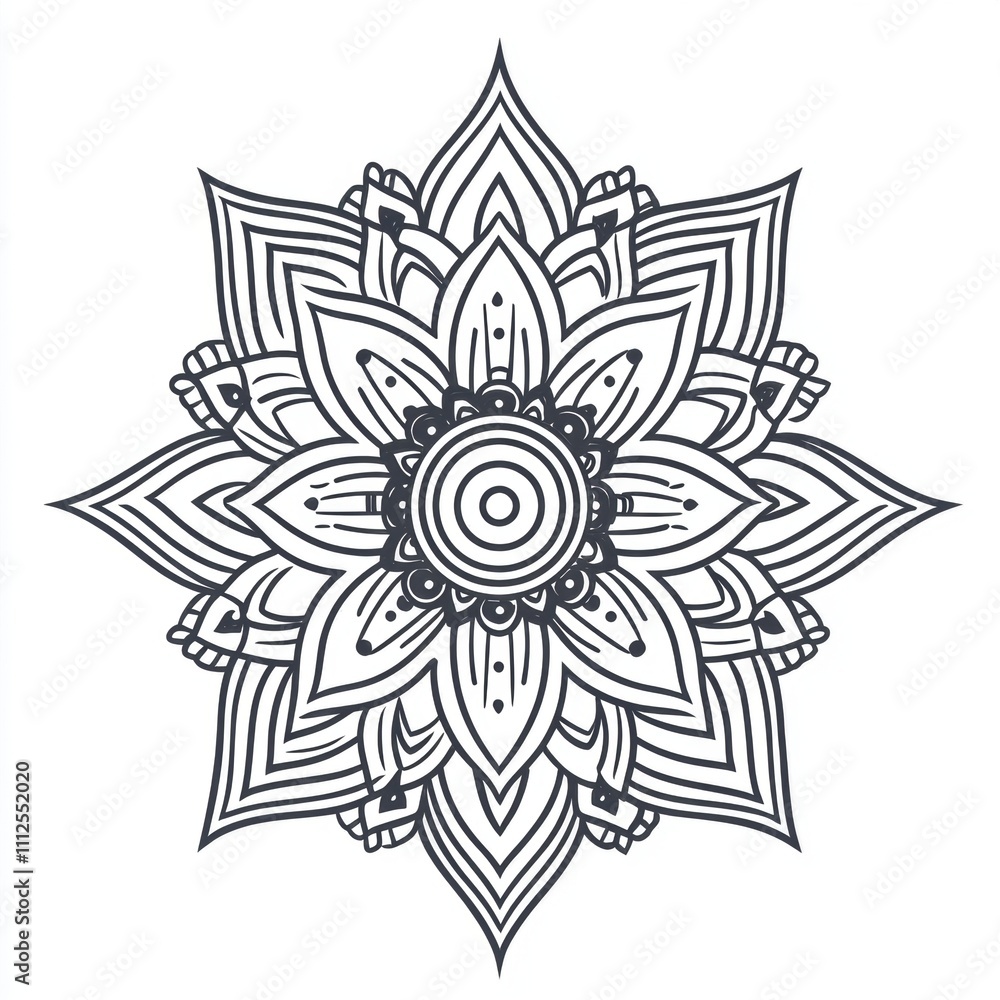 Intricate black-and-white mandala design featuring floral patterns. Intricate black-and-white mandala design featuring floral patterns.