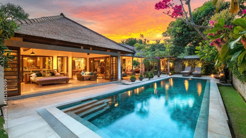 Elegant Villa with Pool and Vibrant Sunset Over Tropical Landscape Elegant Villa with Pool and Vibrant Sunset Over Tropical Landscape