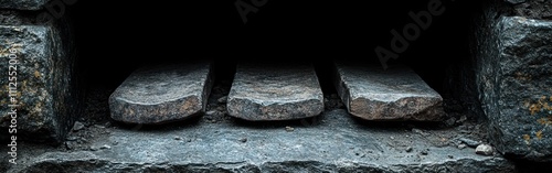 Fragments of ancient tools found near a collapsed stone altar in a historical excavation site photo