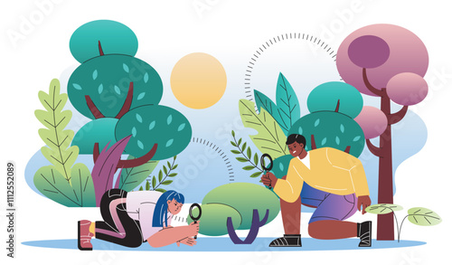 People exploring bushes. Man and woman looking at grass with magnifying glass. Naturalists and botanists study flora. Botany and biology. Flat vector illustration