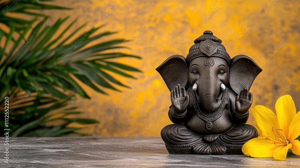 Fototapeta premium A photostock of a colorful Ganesha idol surrounded by vibrant flowers, set against a spiritual glowing background for festive themes. High Quality