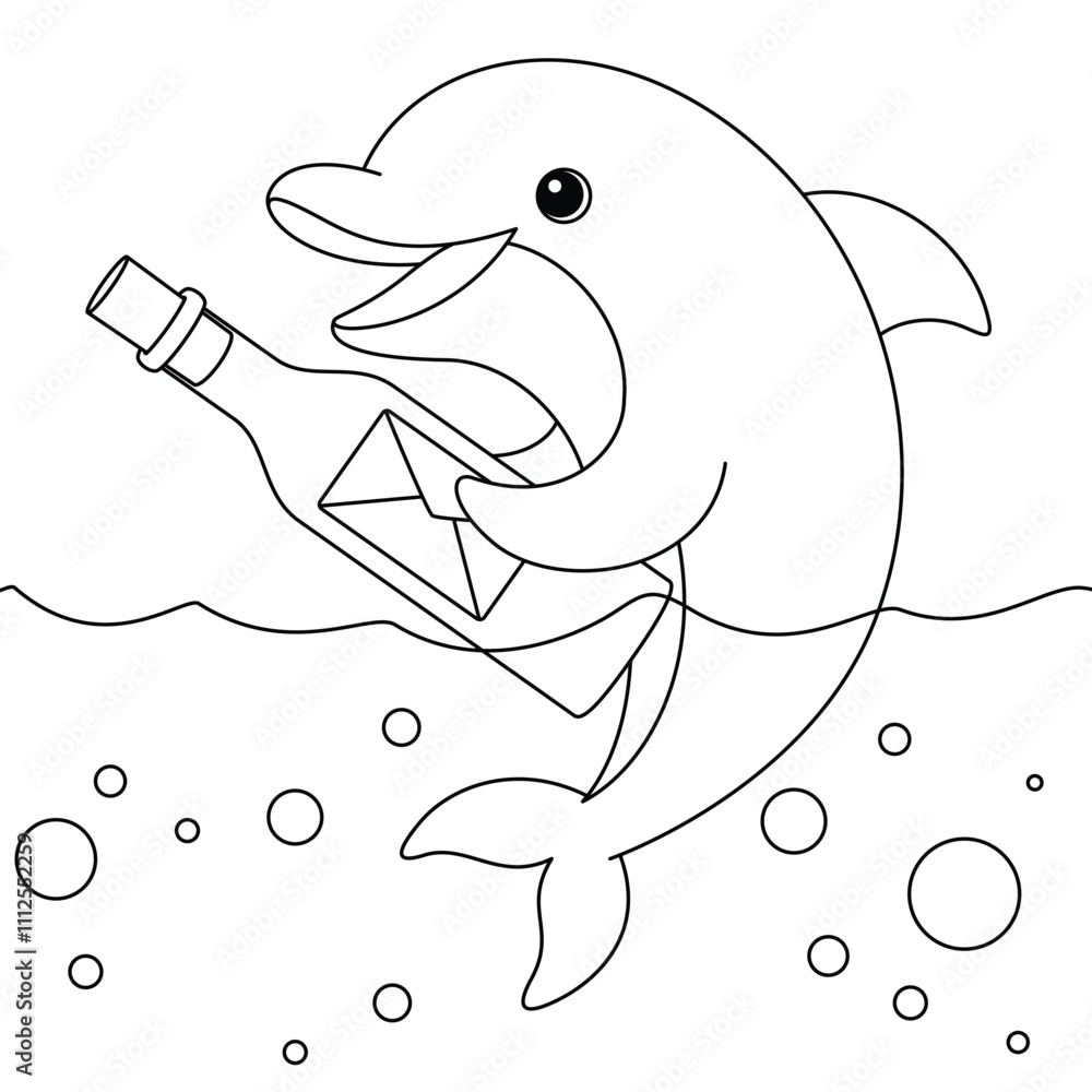 Dolphin with a Message in a Bottle Coloring Page. Funny animal illustration colouring for kids