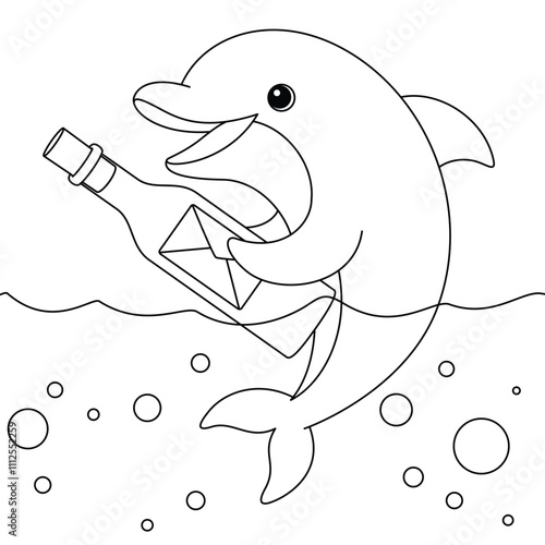 Obraz na płótnie Dolphin with a Message in a Bottle Coloring Page. Funny animal illustration colouring for kids w salonie