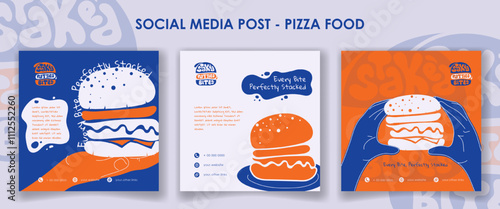 Set of social media post template with flat burger design in blue white and orange background
