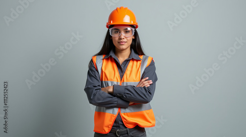 Confident construction worker in safety gear against a neutral background