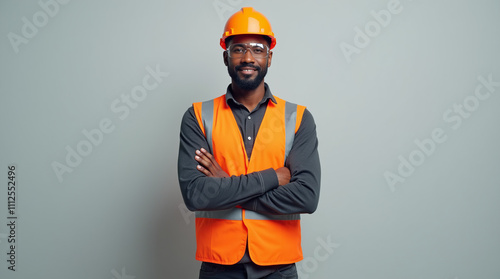 Confident construction worker in safety gear against a neutral background