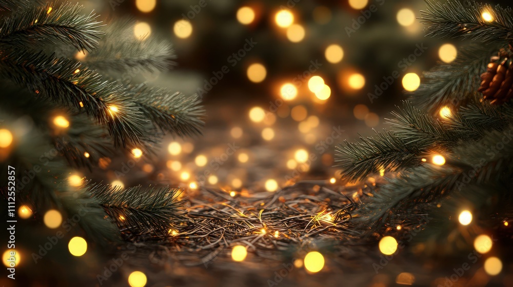 Abstract Christmas background with gentle, out-of-focus golden lights scattered among pine needles, creating a warm and inviting seasonal backdrop. Abstract Christmas background with gentle, out-of-focus golden lights scattered among pine needles, creating a warm and inviting seasonal backdrop.