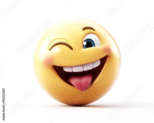 A happy playful emoji winking and grinning widely showing humor and joy perfectly framed against a white background