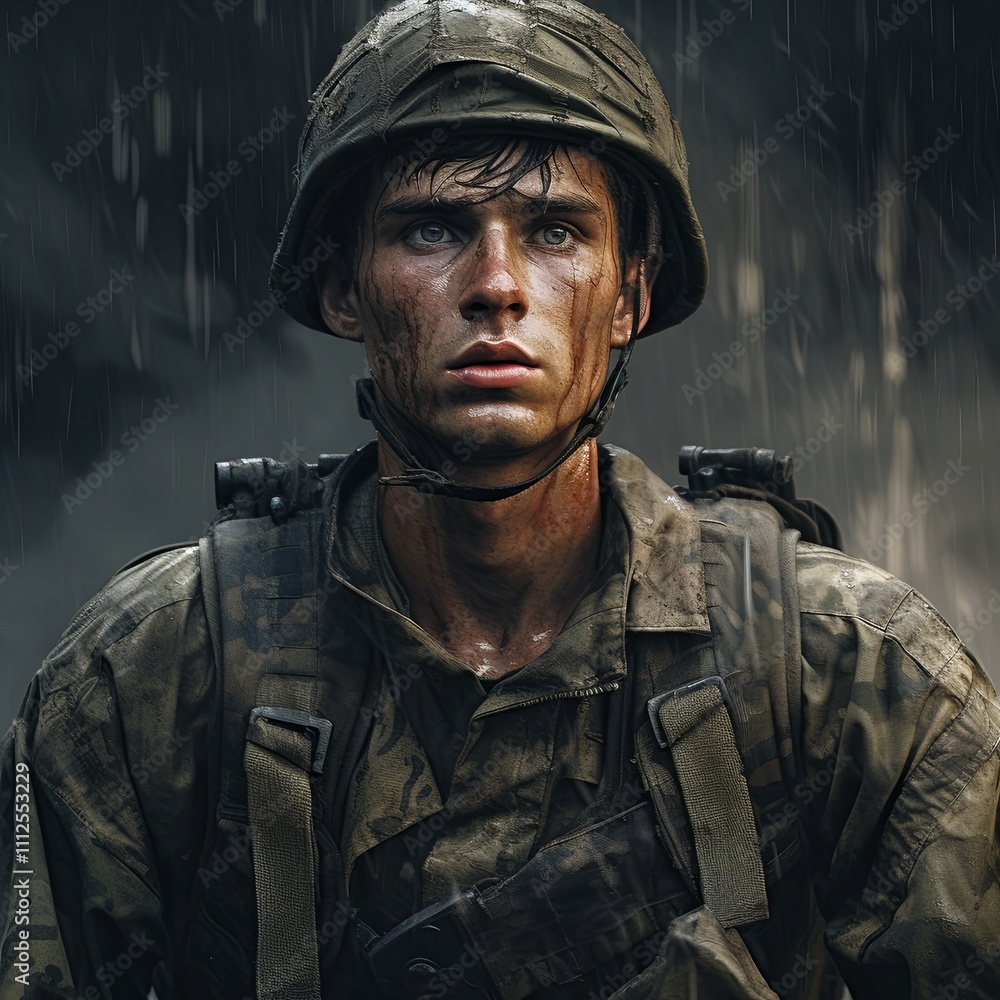 A soldier in combat gear and helmet, with a weathered face showing fatigue. The cinematic lighting highlights his emotion, set against a dark background for dramatic effect. A soldier in combat gear and helmet, with a weathered face showing fatigue. The cinematic lighting highlights his emotion, set against a dark background for dramatic effect.