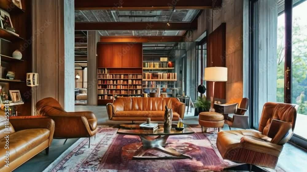 A modern, stylish living room with leather furniture, a cozy rug, and a bookshelf backdrop. A modern, stylish living room with leather furniture, a cozy rug, and a bookshelf backdrop.