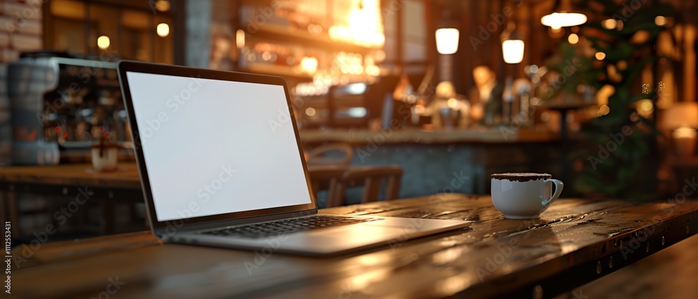 Sleek Laptop on Wooden Table in Coffee Shop Ambiance - Perfect for Technology, Lifestyle, and Coffee Shop themed projects Sleek Laptop on Wooden Table in Coffee Shop Ambiance - Perfect for Technology, Lifestyle, and Coffee Shop themed projects