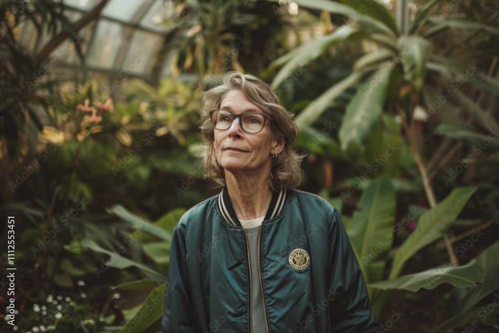 Portrait of a tender caucasian woman in her 60s sporting a stylish varsity jacket in front of lush green garden Portrait of a tender caucasian woman in her 60s sporting a stylish varsity jacket in front of lush green garden
